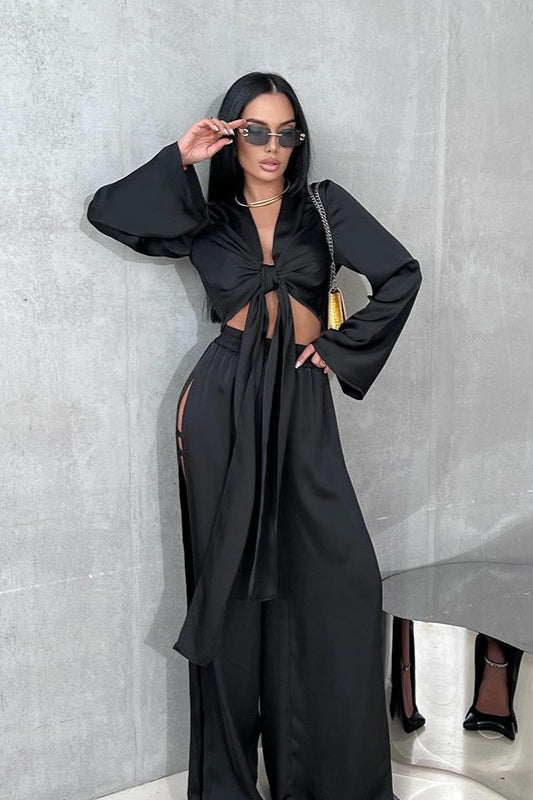 Tie Front Crop Top Split Hem Pants Set