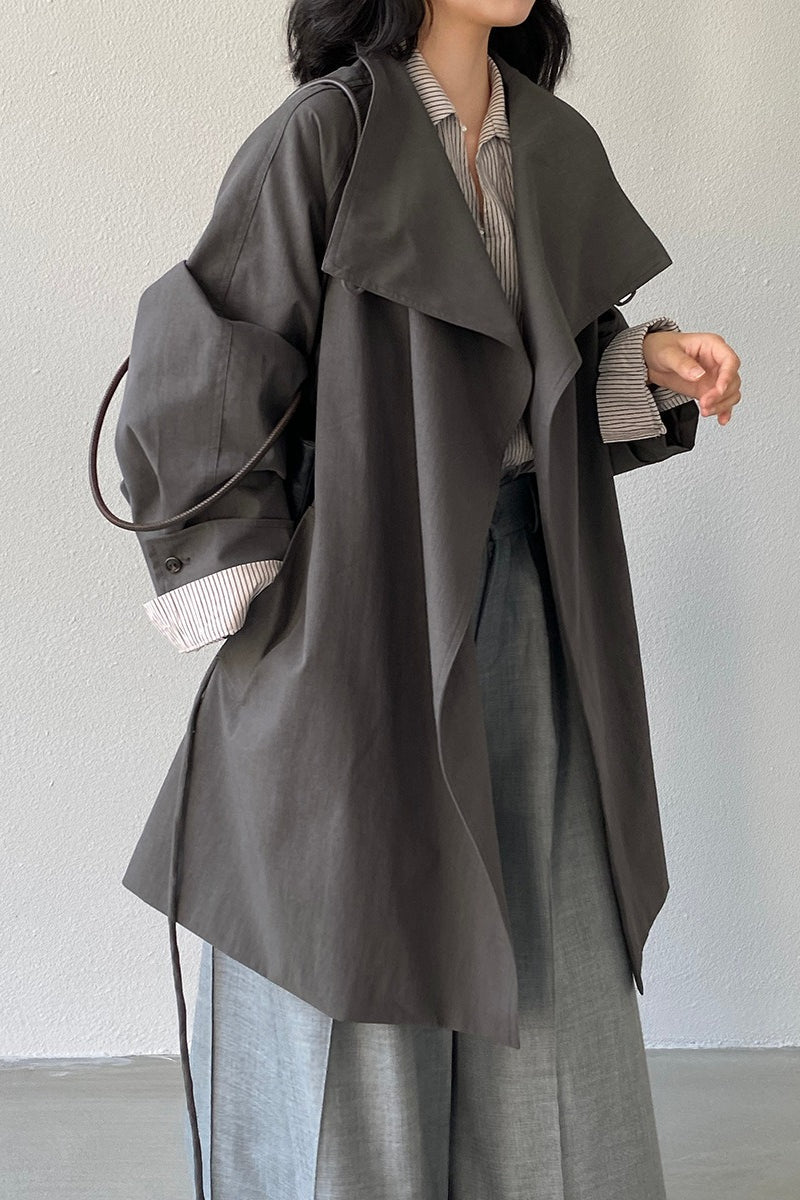 Lapel Trench Belted Midi Overcoat