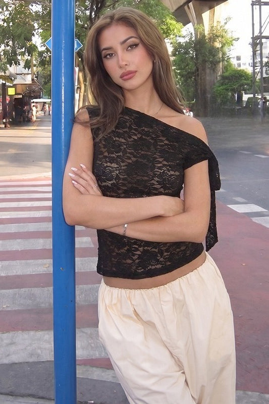 Lace Mesh Sheer Tie Asymmetric Crop Top