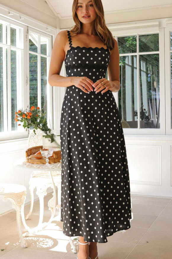 Boho Polka Dot Lace Trim Cami Maxi Dress