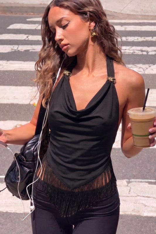 Cowl Neck Metal Accent Fringe Hem Halter Top