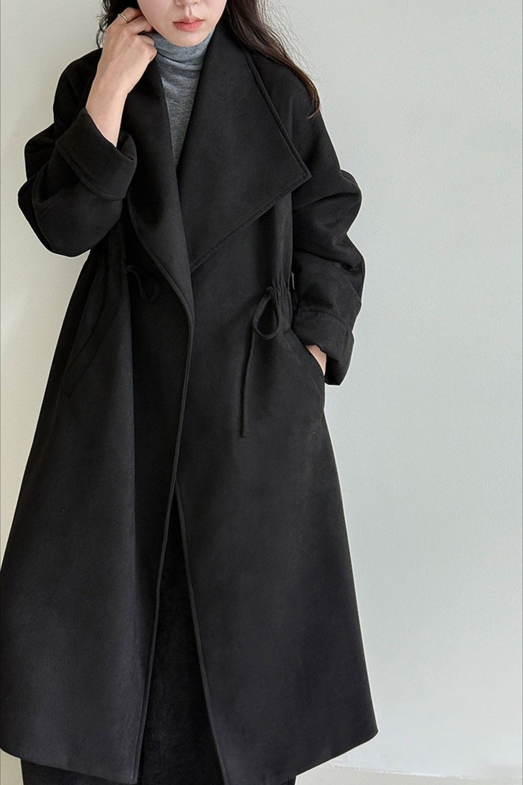 Drawstring Notch Collar Long Relaxed Overcoat