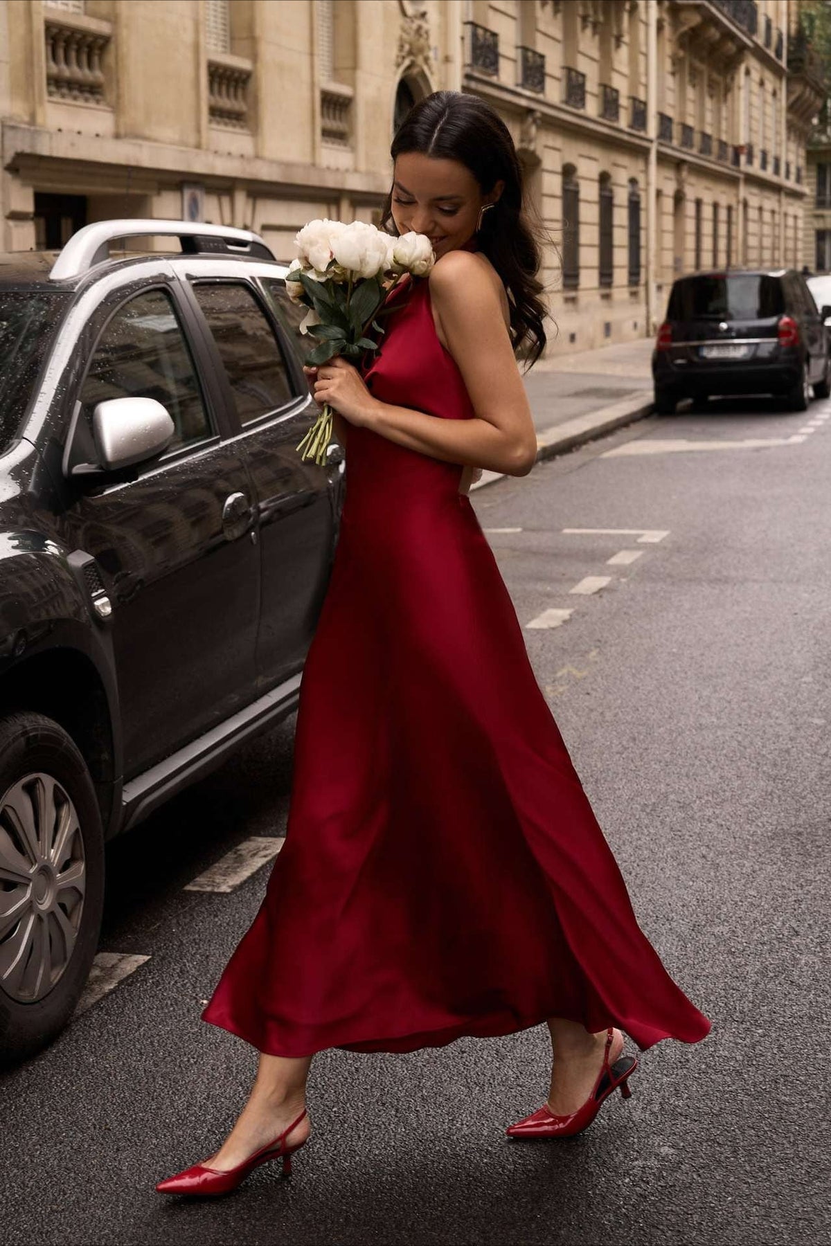 Satén Escote en V Halter Espalda Descubierta Vestido Maxi de Fiesta