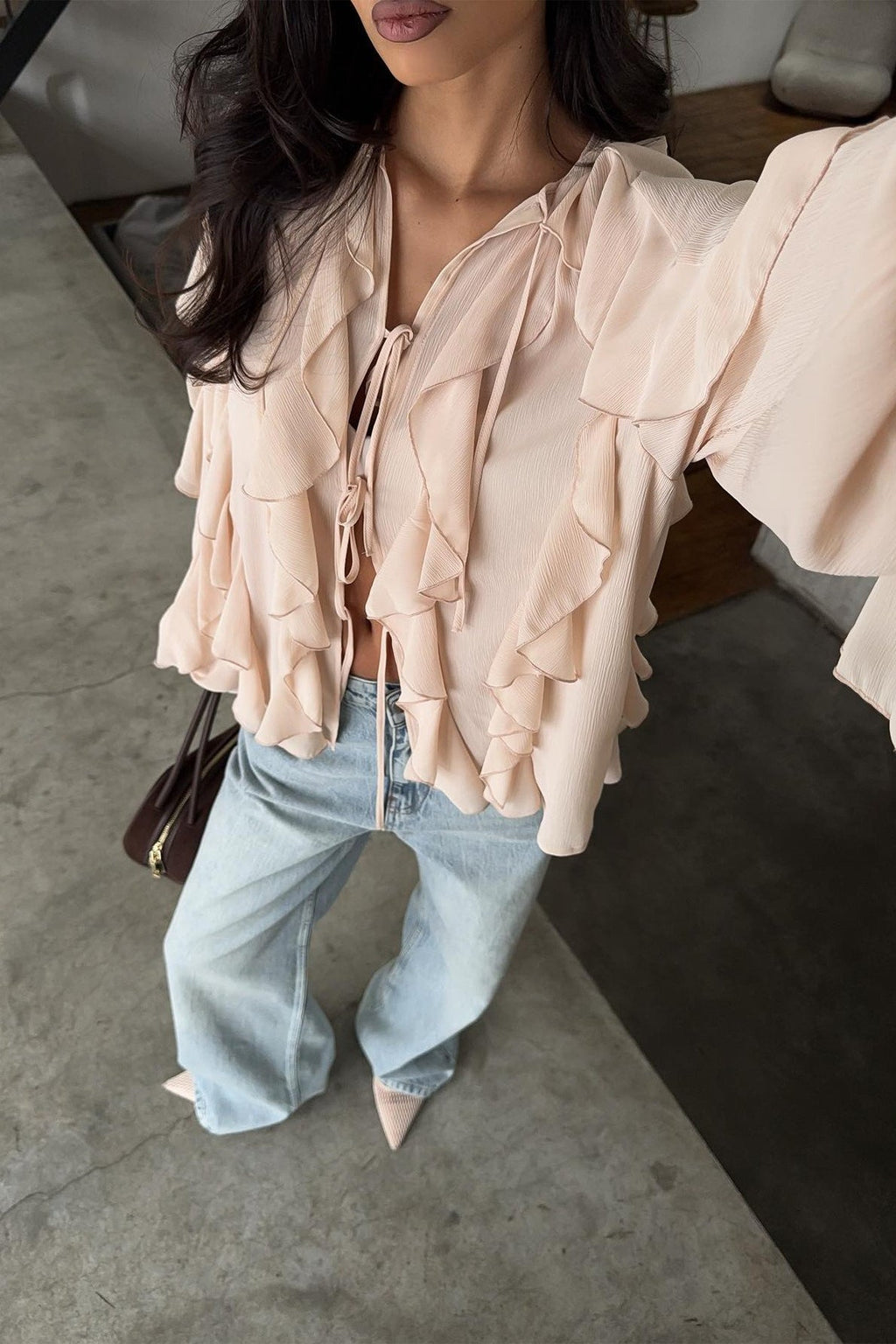 Ruffled Loose Tie Front Open Casual Blouse
