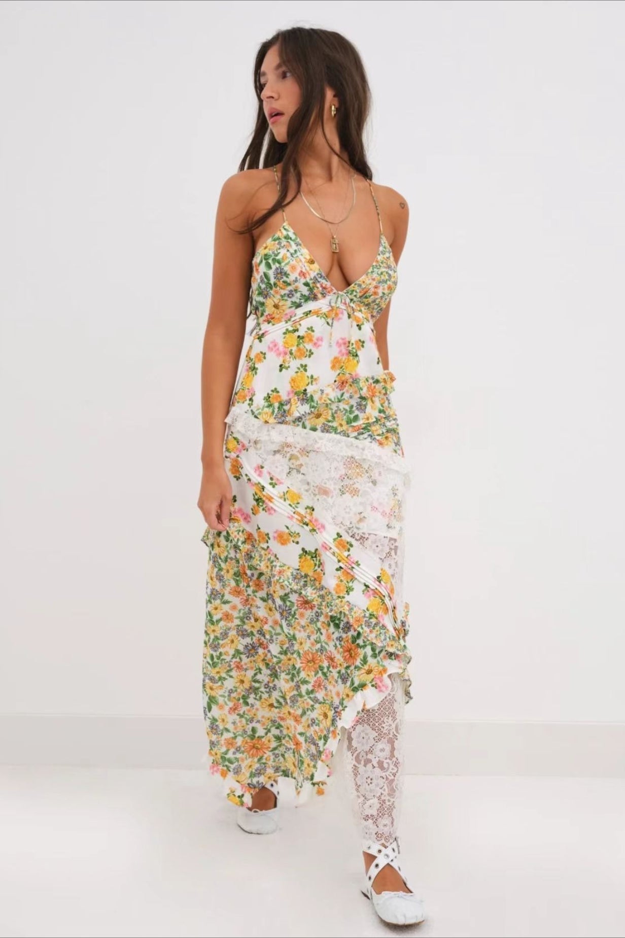 Floral Lace Panel Deep V Spaghetti Strap Maxi Dress