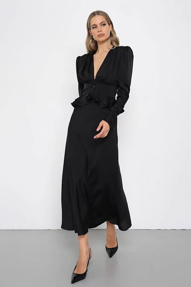 Deep V Neck Waist Cinched Ruffle Hem Shoulder Pad Blouse