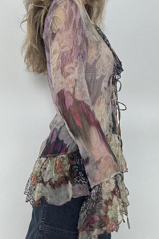 Vintage Tie Dye Ruffle Lace Up Mesh Flare Sleeve Blouse