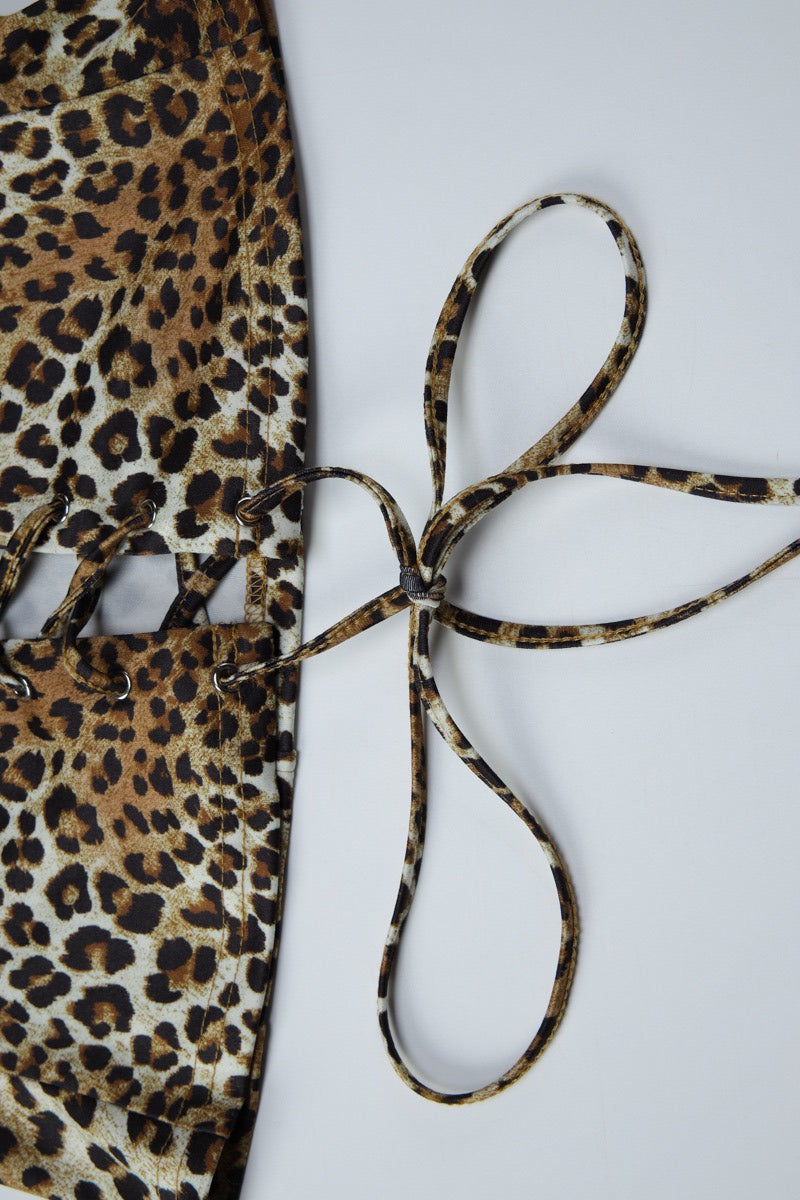 Leopard Print Hollow Out Backless Tie Halter Top