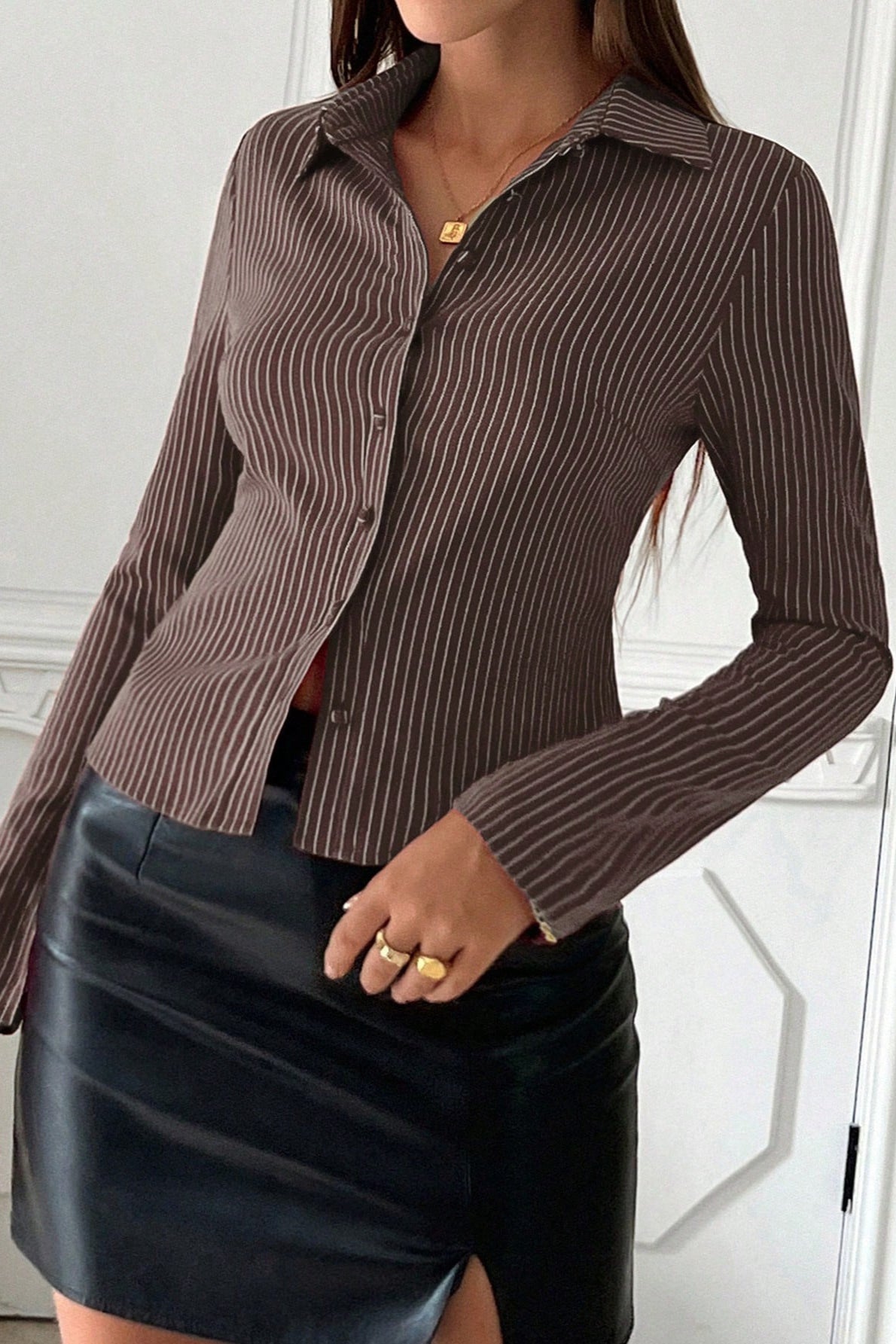 Escote en V A Rayas Manga Larga Blusa