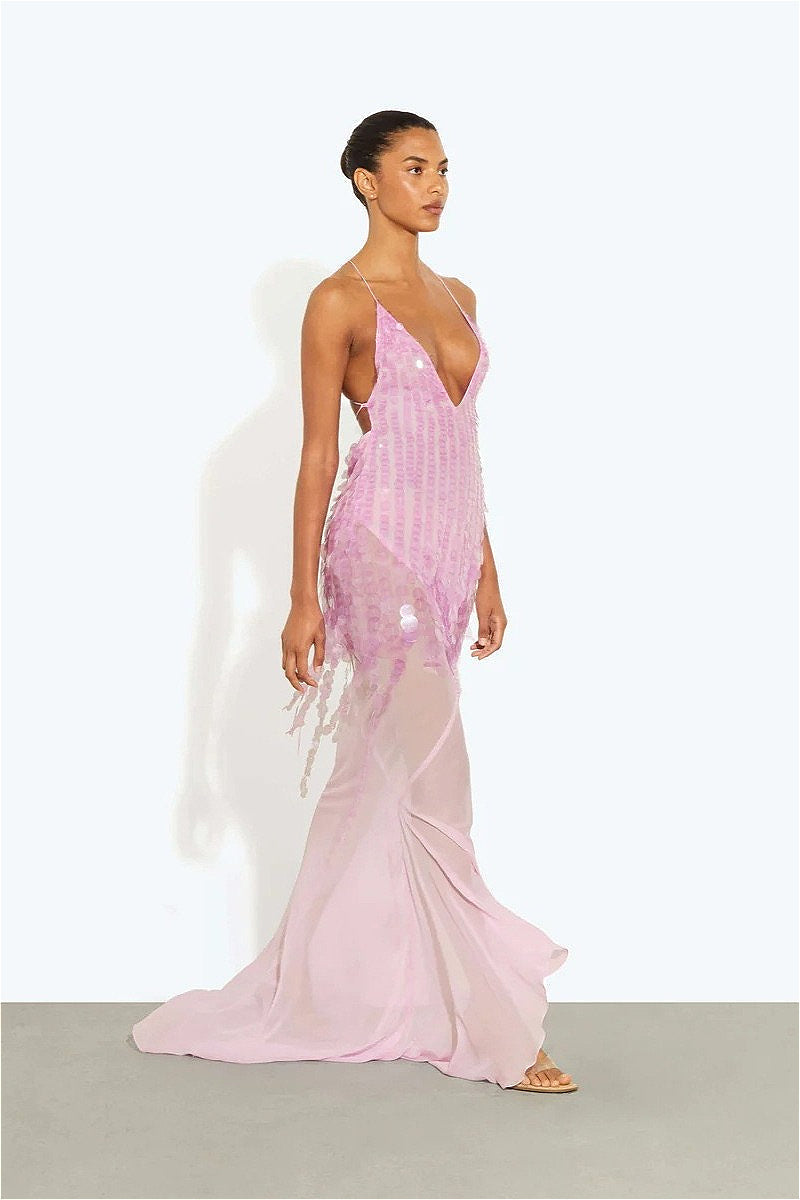Lentejuelas Sirena Escote en V Vestido Maxi