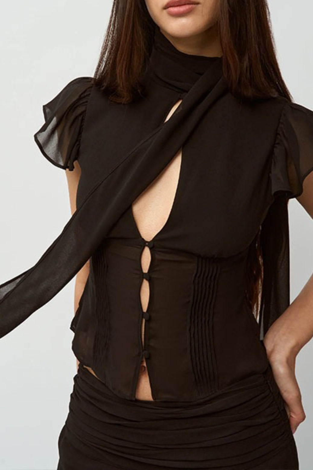 Button Hollow Out Tie Detail Waist Slim Tee