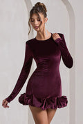 Vestido Midi de Terciopelo, Cuello Redondo, Fruncido