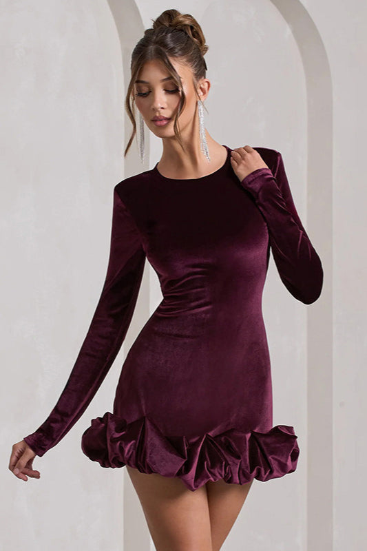 Vestido Midi de Terciopelo, Cuello Redondo, Fruncido