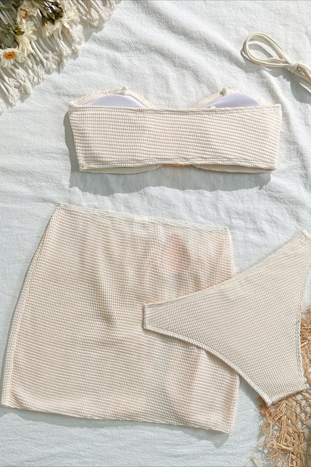 Solid Strappy Mini Skirt Three Piece Swim Set