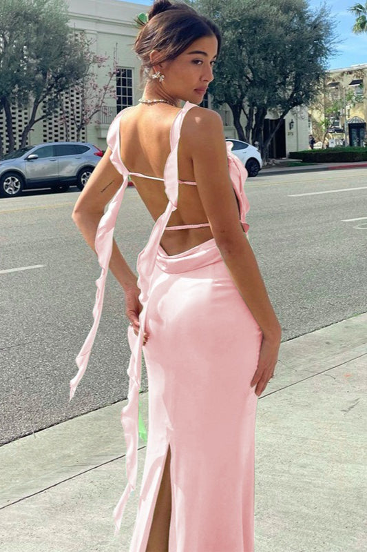 Ruffle Lace Trim Cami Backless Maxi Dress