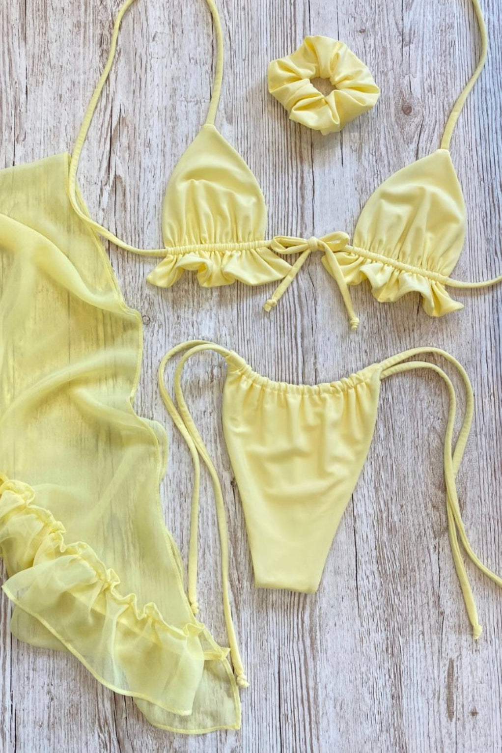 Ruffle Halter Tie Mesh Ruched Three Piece Swim Set