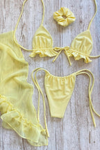 Three-piece halter neck ruffled bow shirred mesh swimsuit