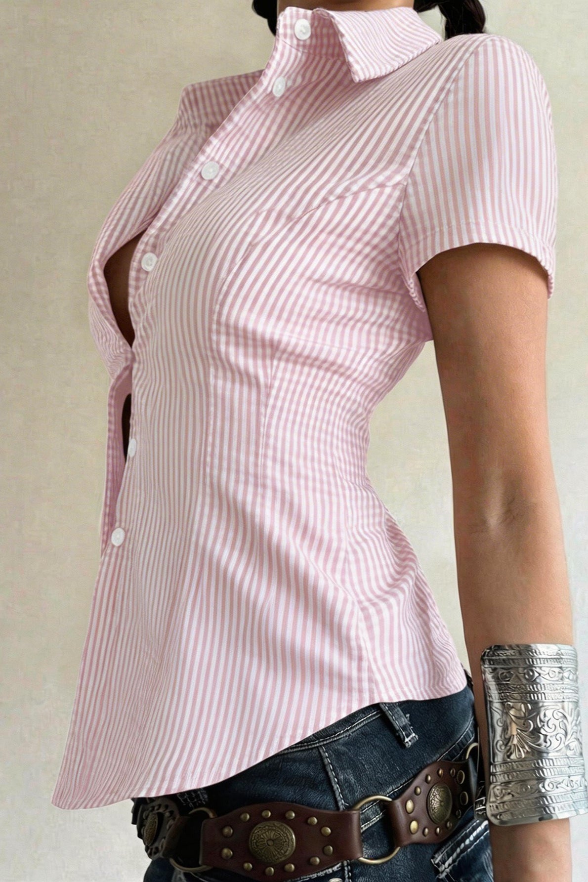 Pink White Vertical Stripe Cinched Waist Blouse