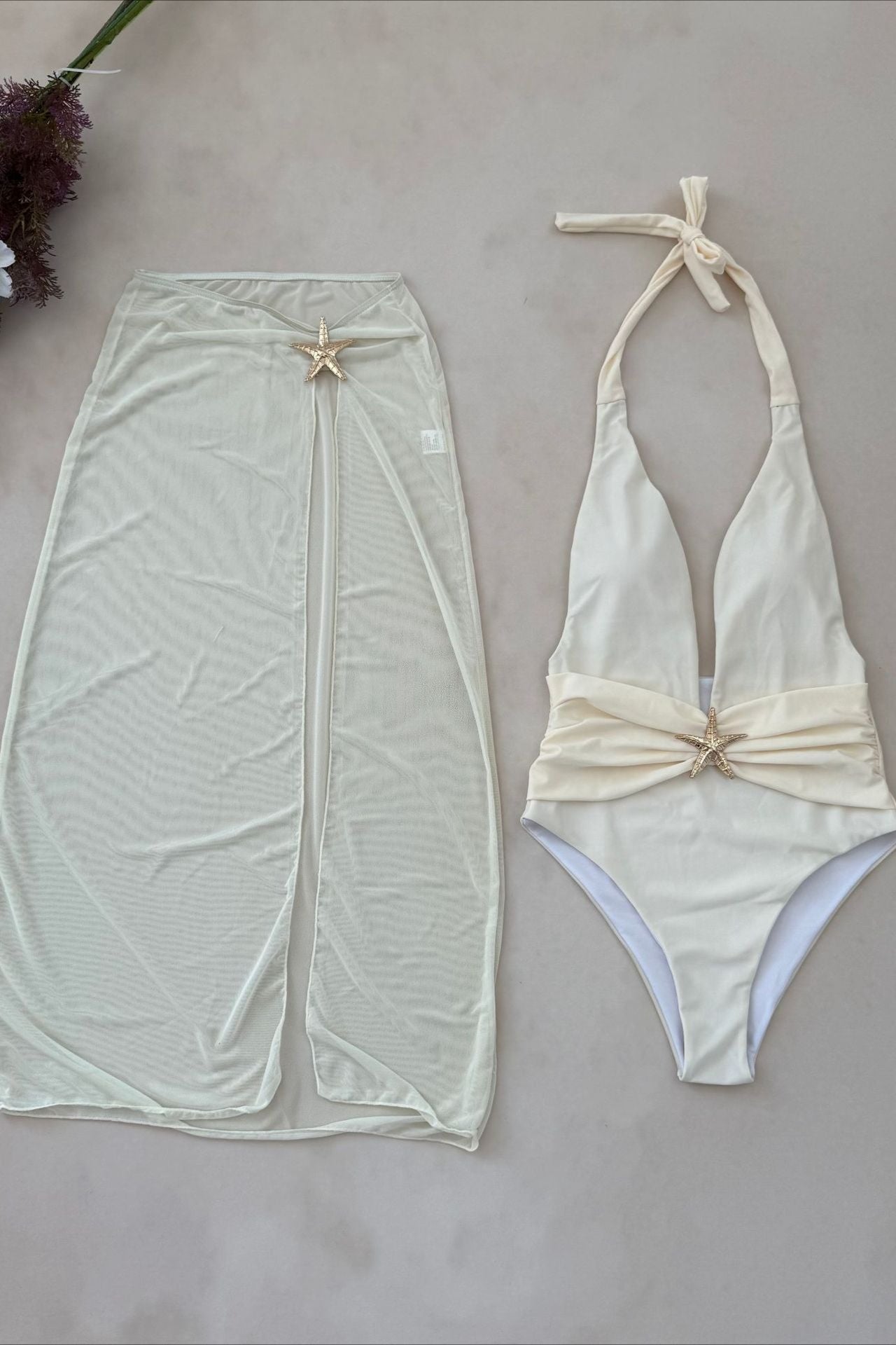 Solid Halter Mesh High Slit Two Piece Swim Set