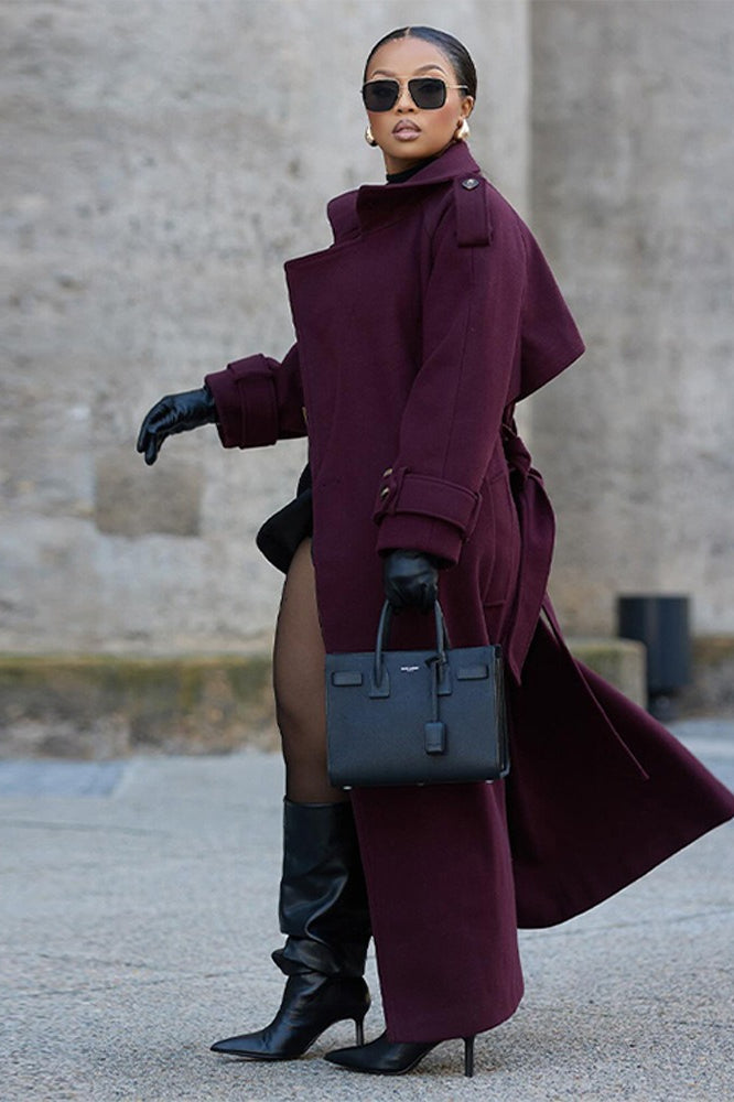 Double Breasted Belted Wool Trench Overcoat