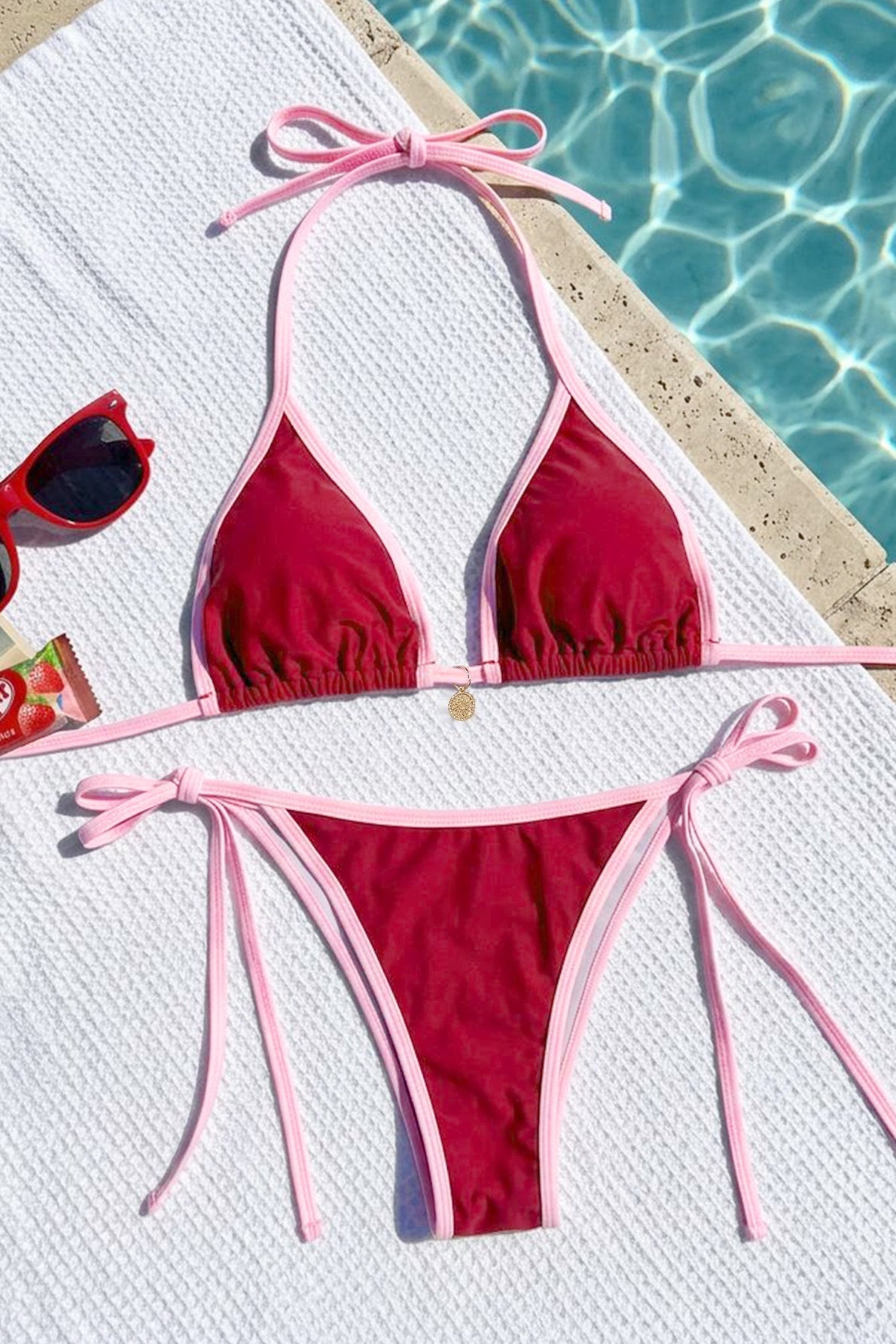 Colorblock Trim Pendant Strappy Halter Bikini Set