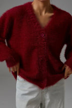 Fuzzy Balloon Sleeve V Neck Knit Cardigan