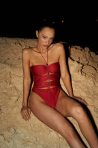 Sexy red one-piece swimsuit with ruching