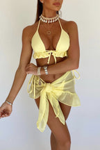 Three-piece halter neck ruffled bow shirred mesh swimsuit