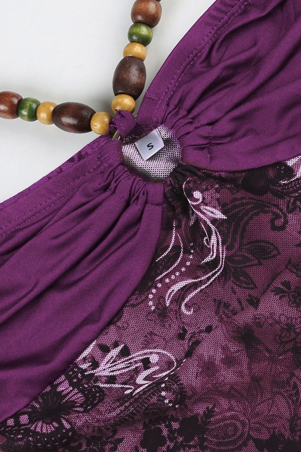 Vintage Asymmetric Printed Beaded Halter Top