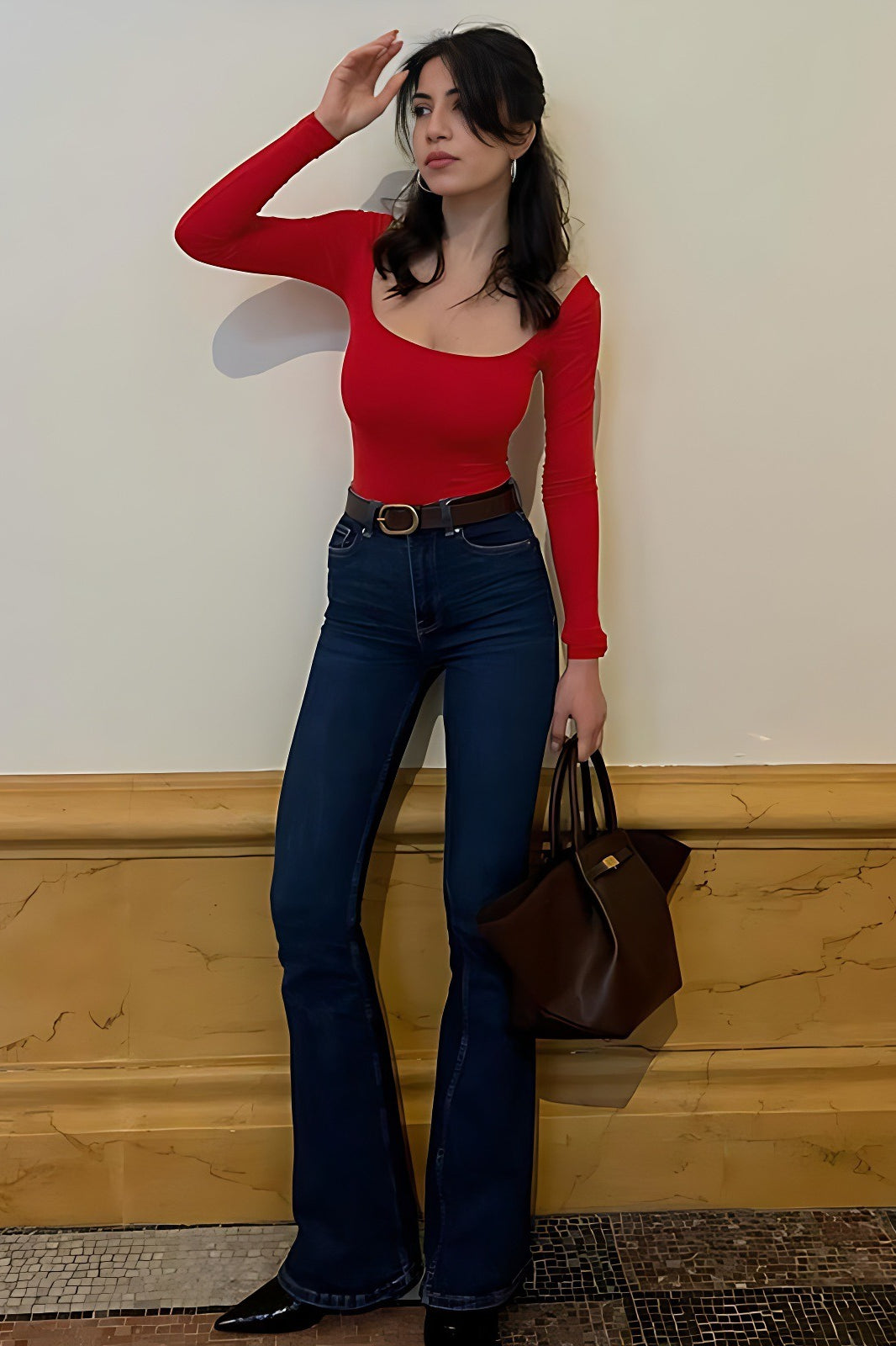 Solid Square Neck Bodycon Long Sleeve Tee