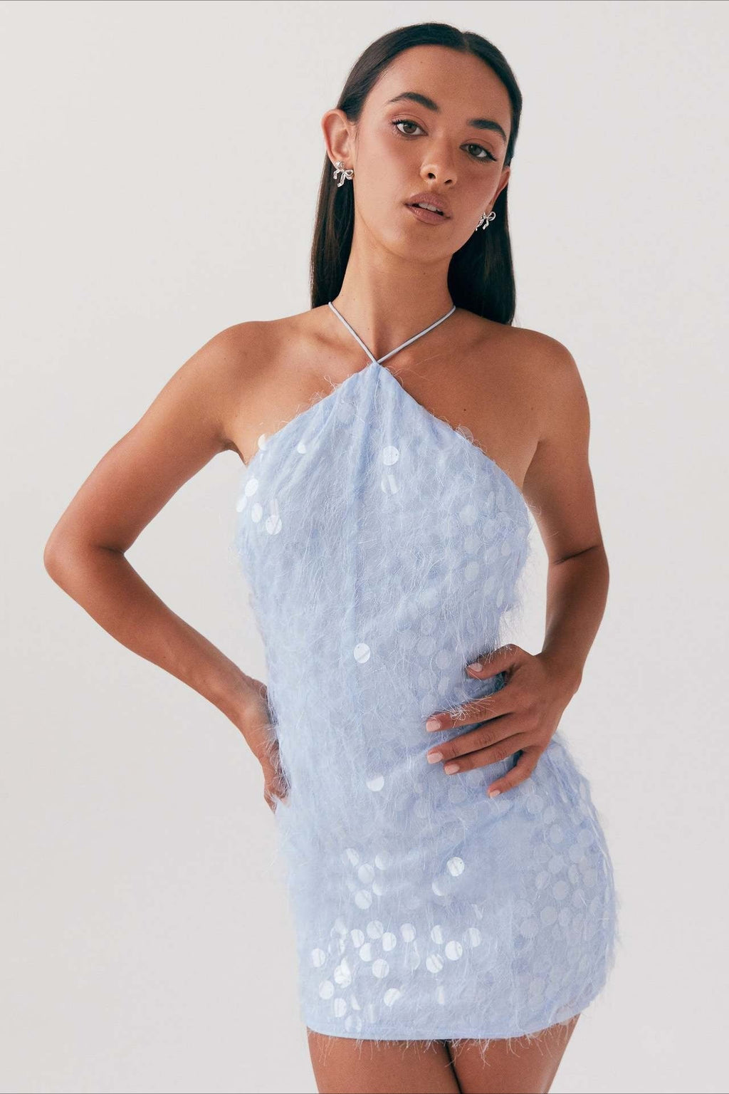 Espalda Descubierta, Halter, Lentejuelas y Cordones Vestido de Fiesta