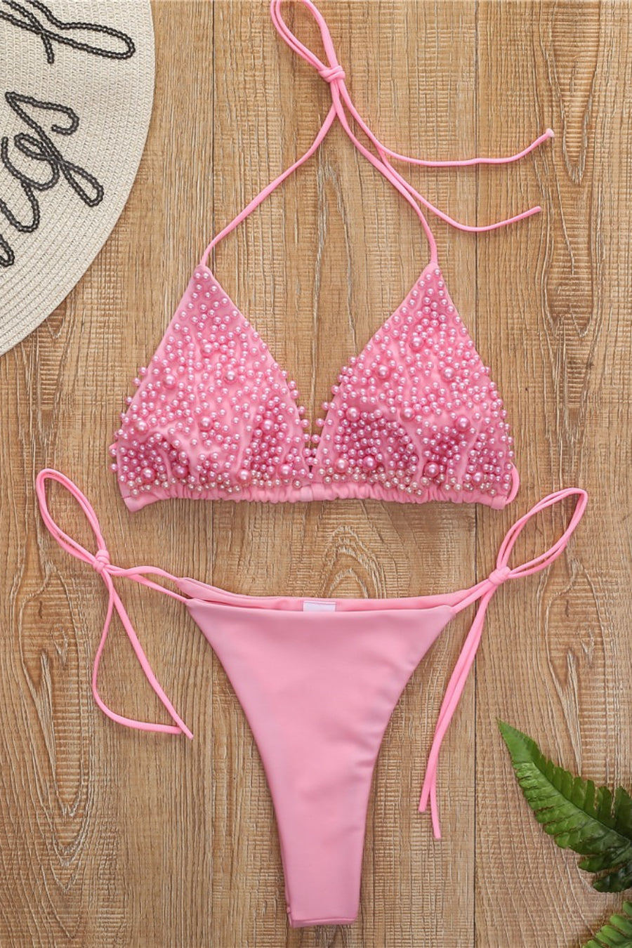 Pearl Decor Halter Triangle Lace Up Bikini Set