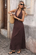 Retro Polka Dot Halter Deep V Maxi Dress