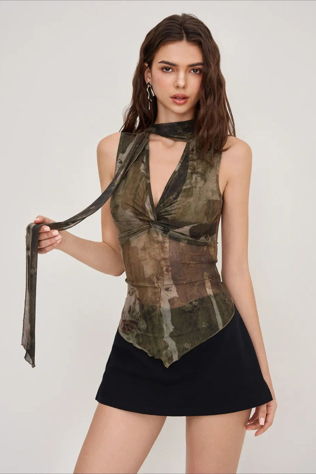 Sheer Mesh Print Ribbon Tie Halter Top