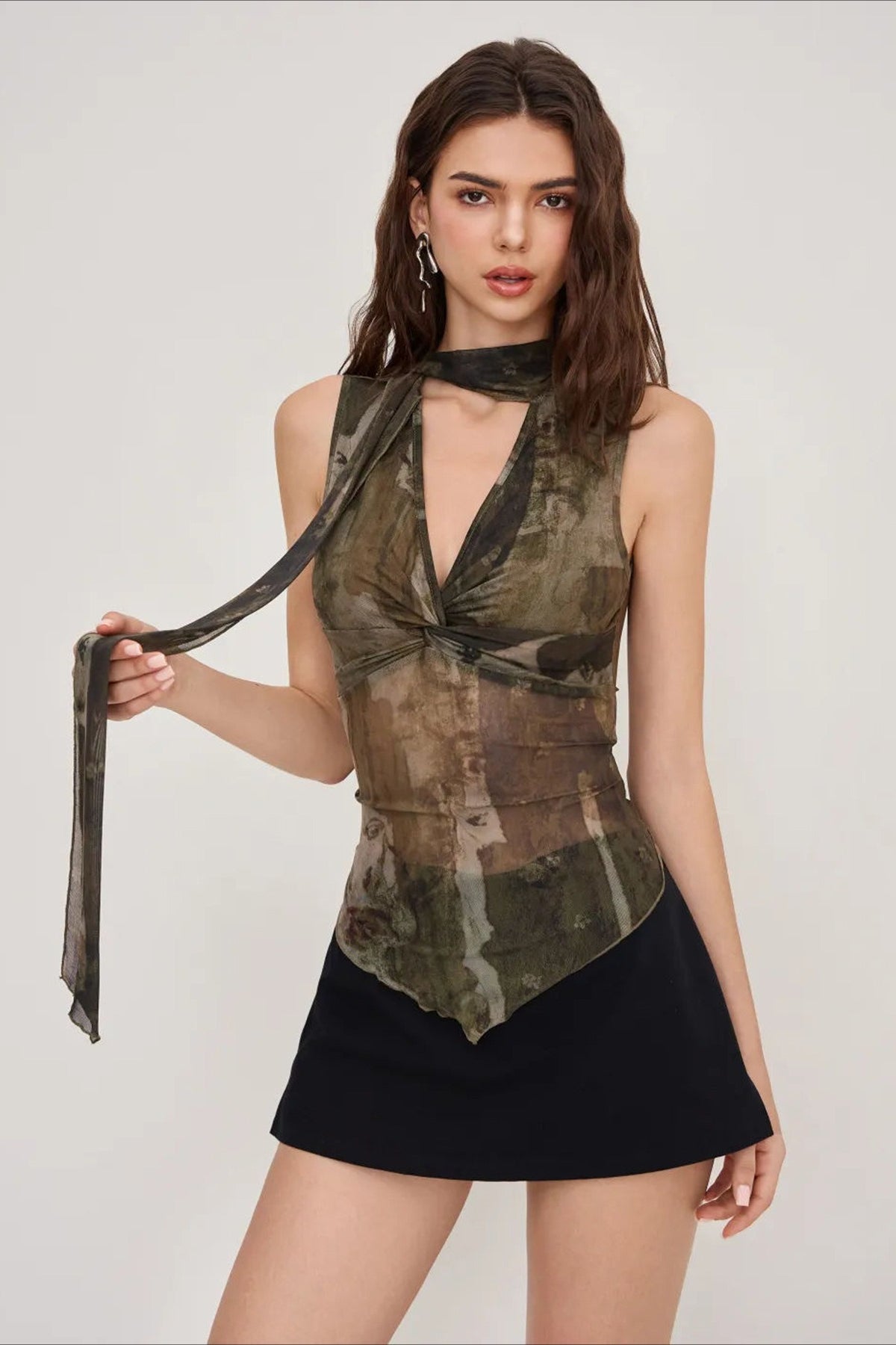Sheer Mesh Print Ribbon Tie Halter Top