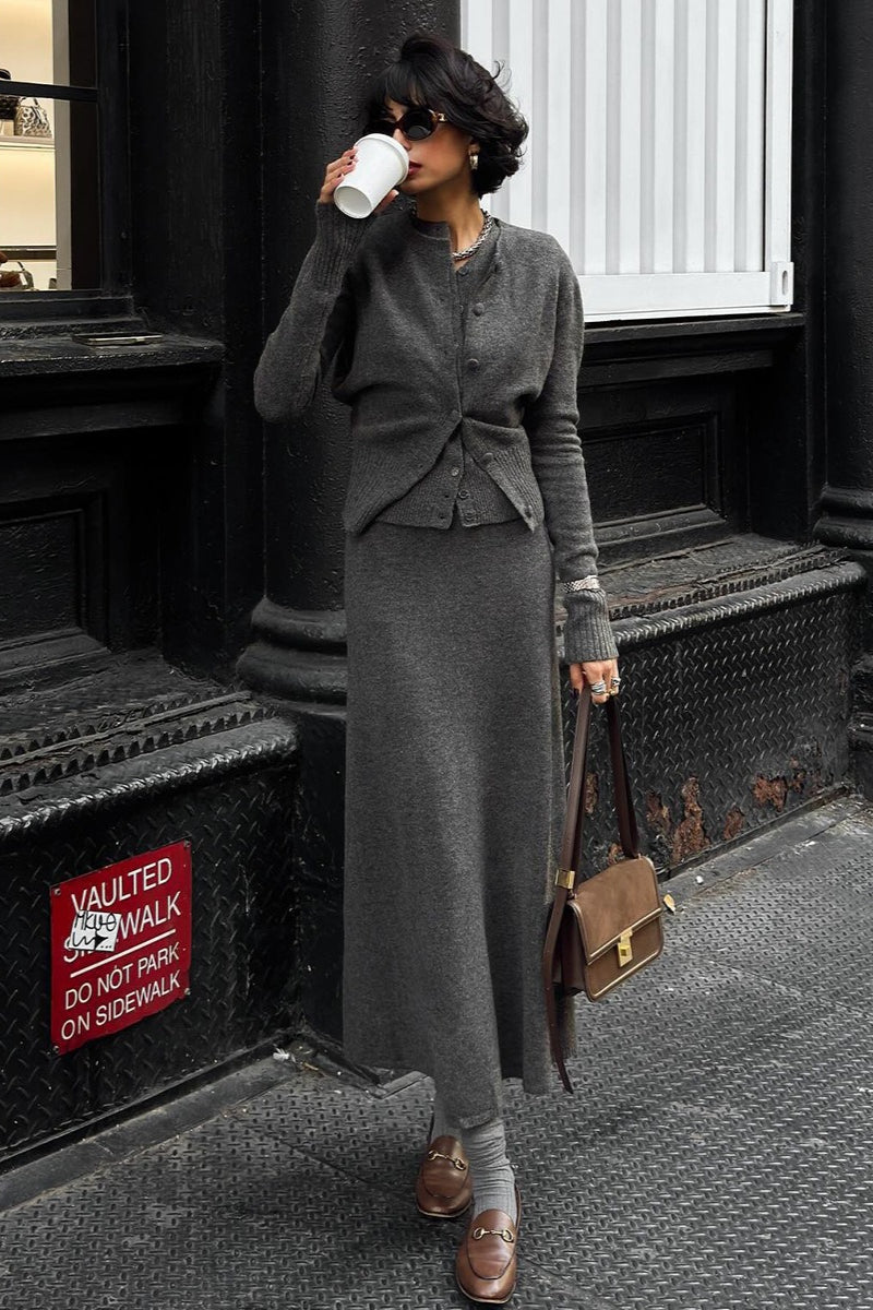 Button Cardigan Camisole Skirt Knit Set