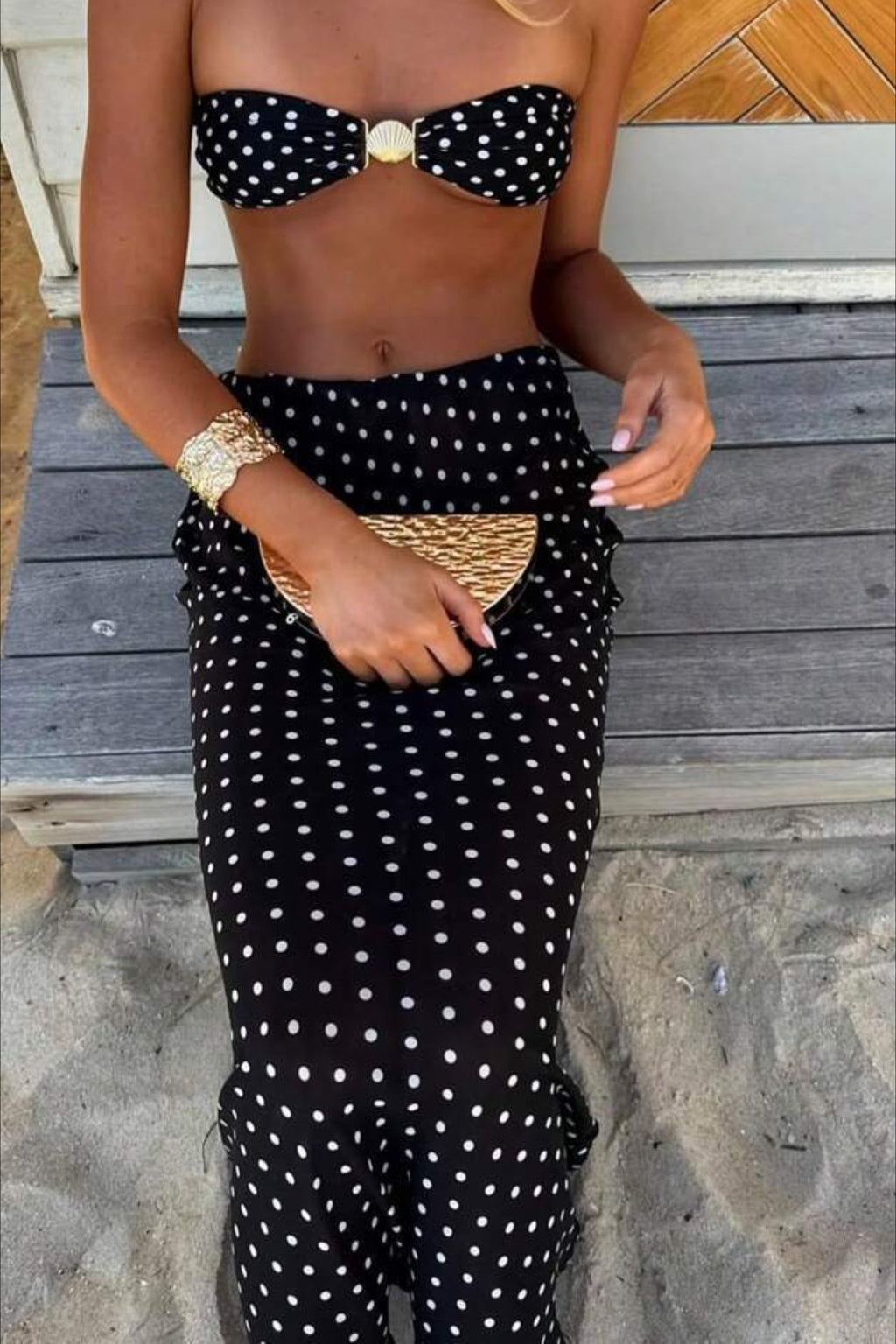Bandeau Polka Dot Skirt Three Piece Swim Set