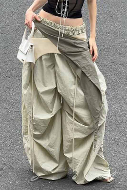 West Coast Style Pleated Ribbon Cargo Pants