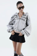 Printed Cropped Elastic Hem Hoodie