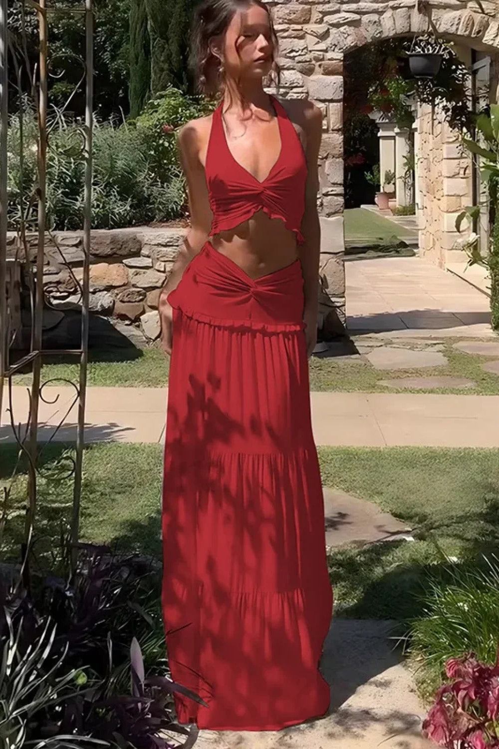 Sleeveless Halter Twist Co-ord Boho Dress