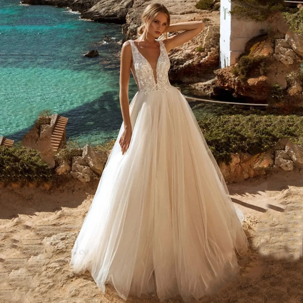 Deep V-Neck Backless Sheer Wedding Dress