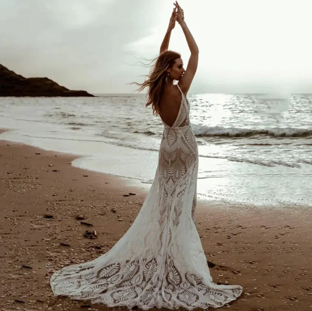 Deep V-Neck Lace Mermaid Wedding Dress