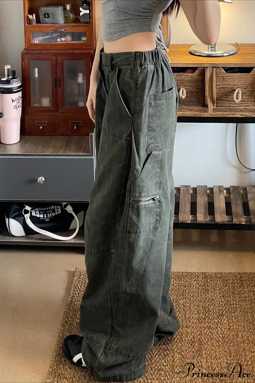 Denim Washed Distressed Loose Cargo Pants