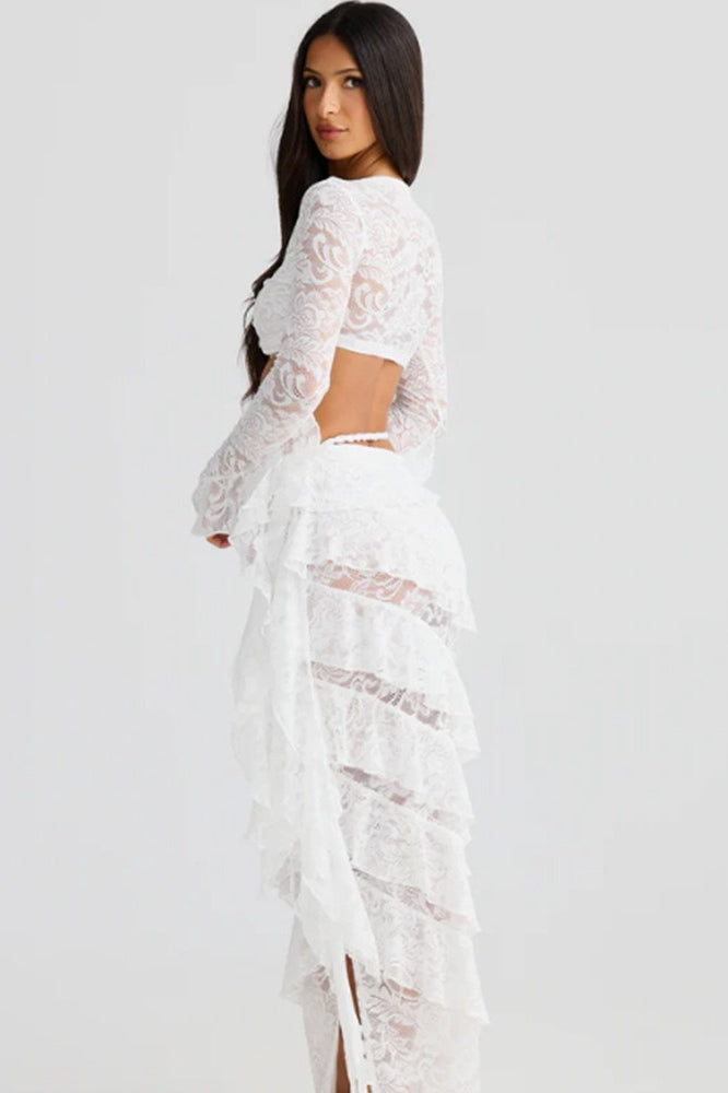 Lace Trim Layered Ribbon Tie Skirt Set