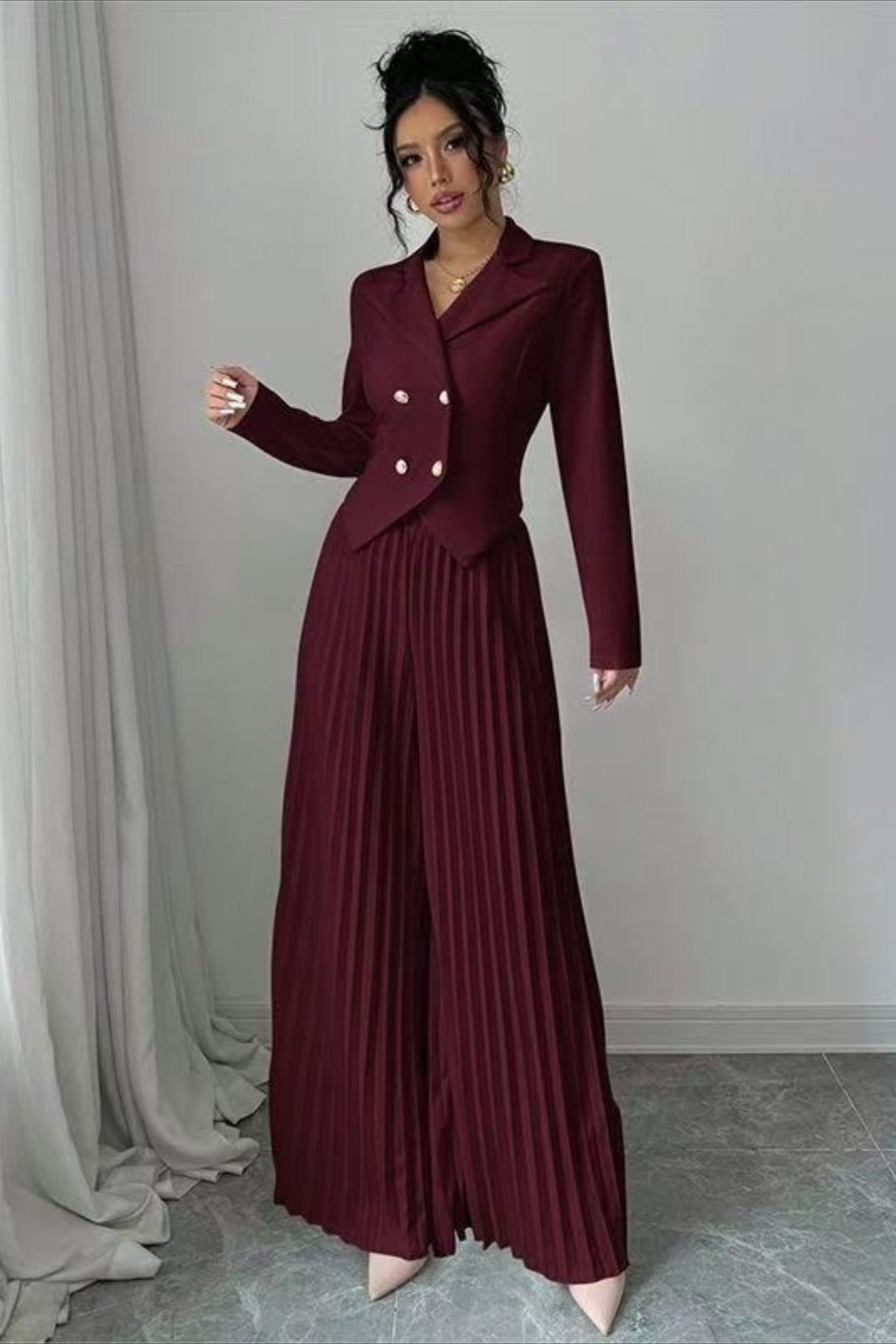 Tailored Pleated Two Piece Blazer Pants Set