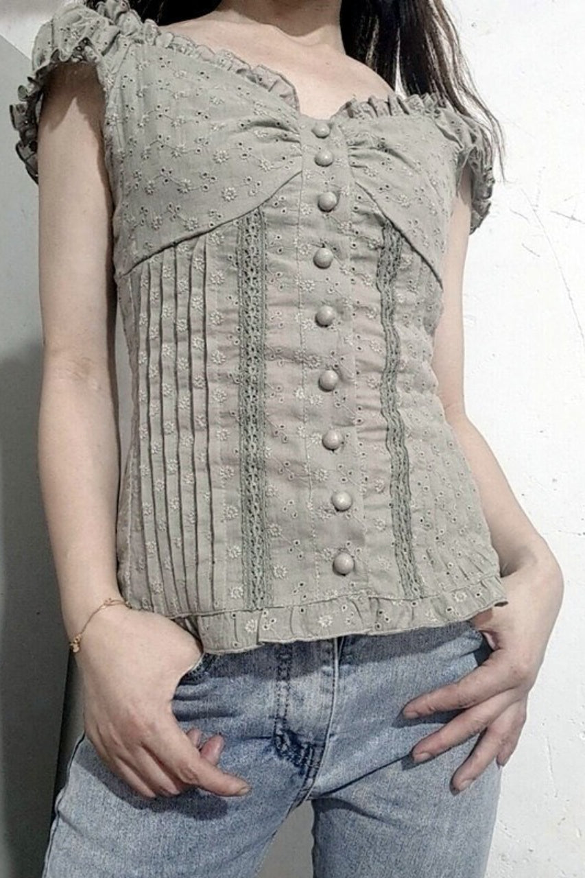 Encaje Con Ribete Escote en V Con Botones al Frente Slim Blusa