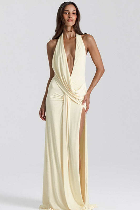 Deep V Halter Ruched Backless High Slit Maxi Dress