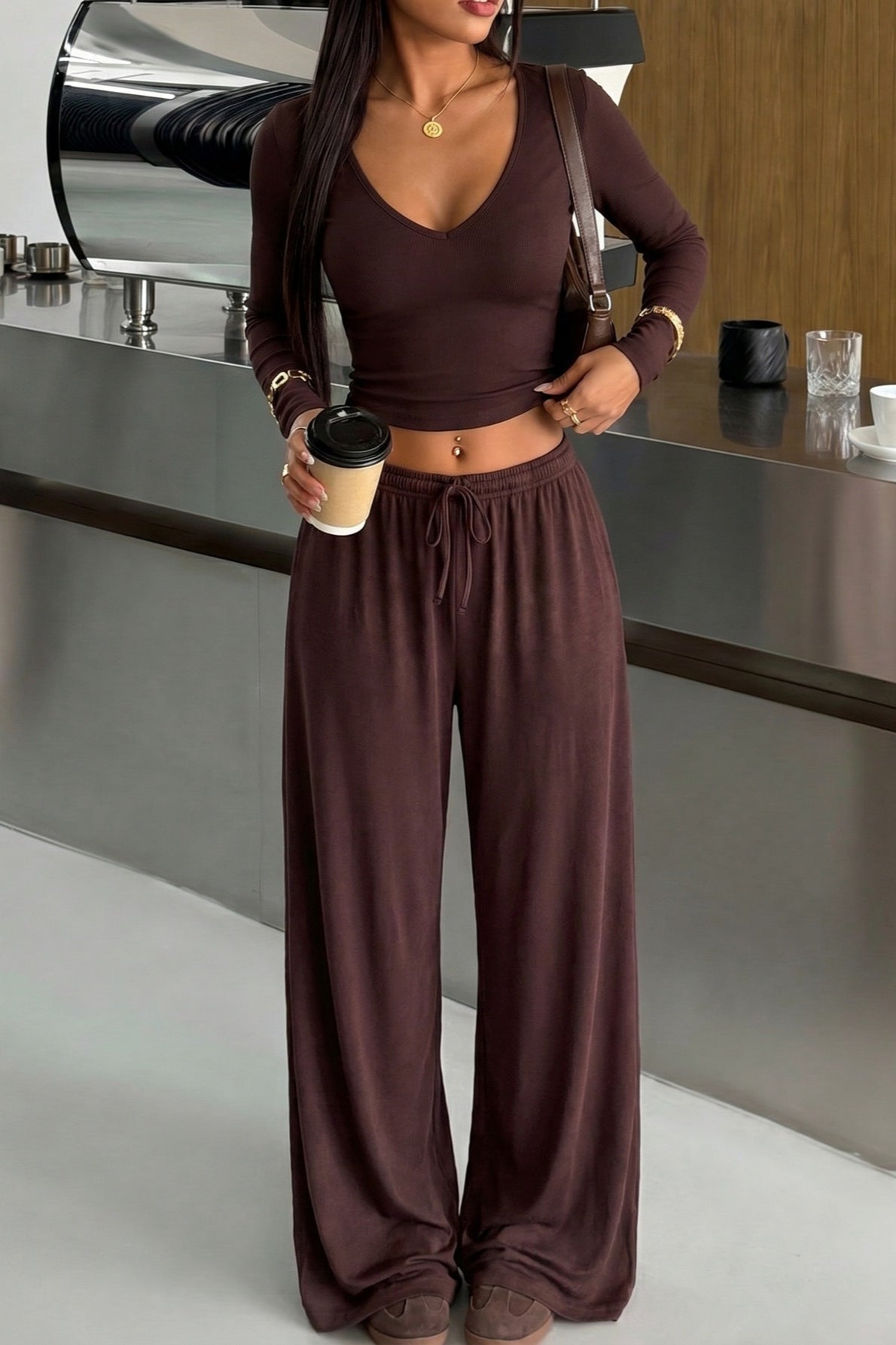 Brown Deep V Fitted Active Pants Set