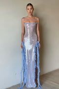 Sexy Lentejuelas Transparente Volantes Vestido Maxi