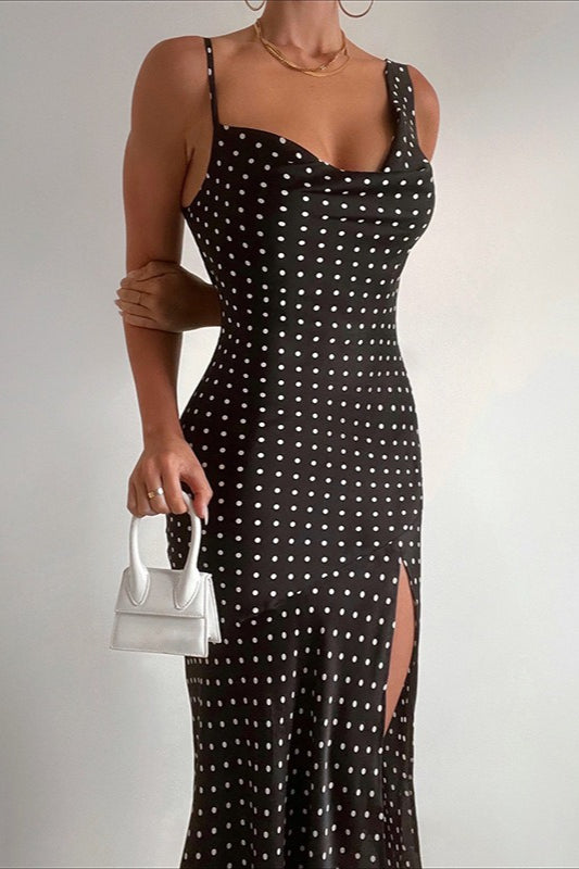 Lunares Cami Escote en V Espalda Descubierta Con Abertura Vestido Maxi